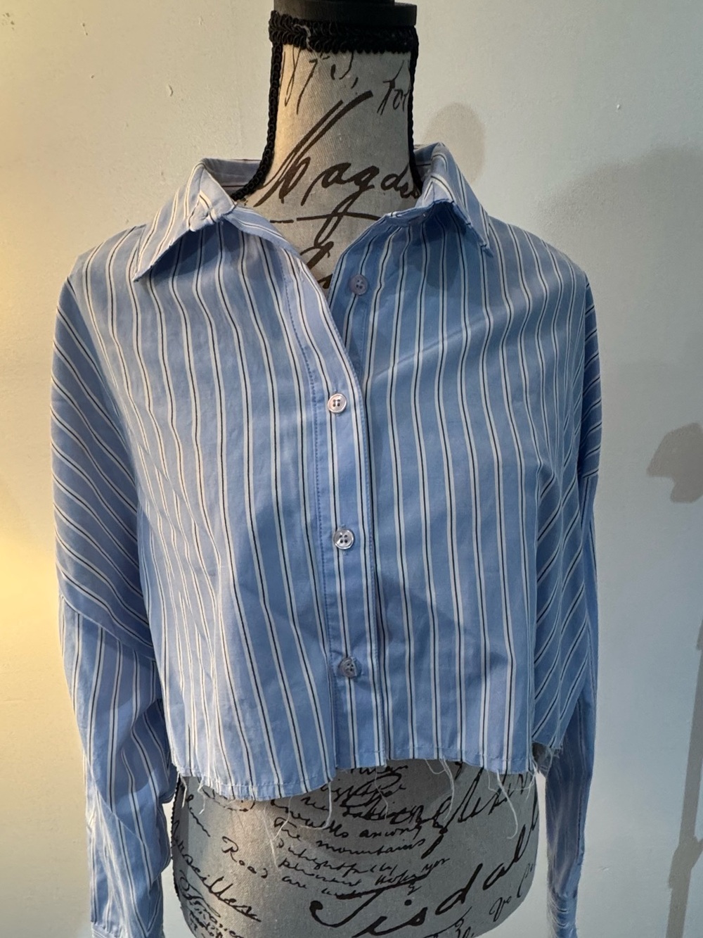 ASOS Blue and White Vertical Stripe Cropped Button-Down Shirt